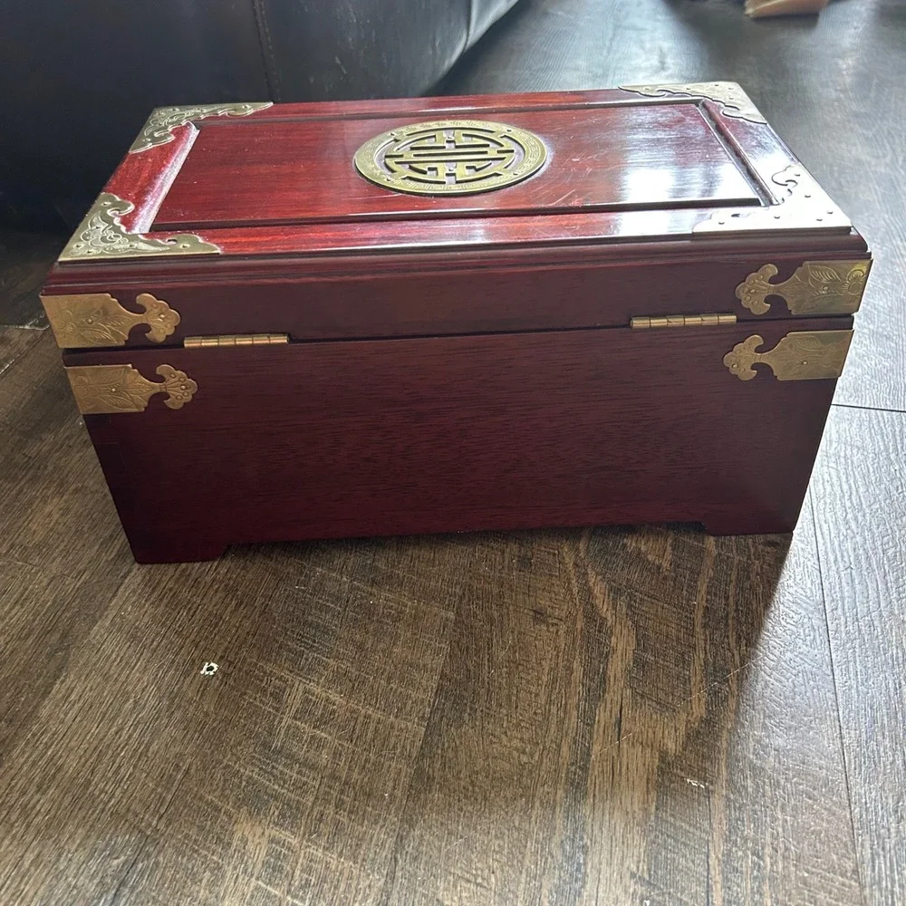 Vintage Chinese Rosewood Hongmu Jewelry Box Brass Hardware Red Silk Lining 12in